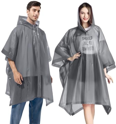 Gerhannery 2 Stück Regenponcho Wiederverwendbarer, Regenponcho mit Kapuze für Erwachsene, Wasserdicht Regencape Regenjacken für Damen & Herren, Regenumhang für Festivals Konzert (Einheitsgröße, Grau)