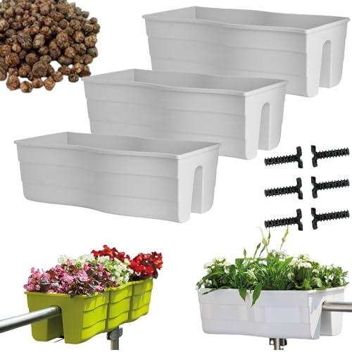 DIKEL Geländerkasten 3 X 58x29x20 cm | Balkonkasten für Balkongeländer mit Blähton für Drainage und Luftzirkulation | Pflanzkasten fördert gesundes Pflanzenwachstum und verhindert Wurzelfäule | Weiß