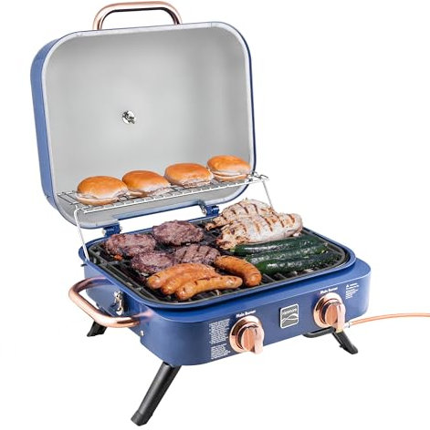 Kenmore Portable Propane Gas Grill - Barbacoa de sobremesa con rejilla para calentar - 2 quemadores de acero inoxidable con (4,1 kW) - para cocina exterior - camping - Cobre Marino