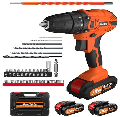 21V Akkus Bohrschrauber mit 2 Akkus, Orange 25+1 Drehmomentstufen Akku Schraubendreher mit 29PCS Zubehöre für Haus und Garten DIY Projekt, 2-Gang Akku Bohrmaschine, 45 N.m Max Akkuschrauber, LED-Licht