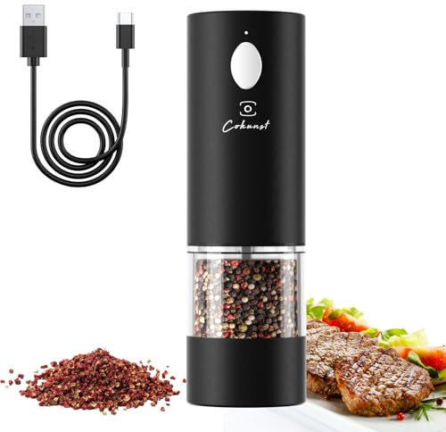 Electric Pepper or Salt Grinder, COKUNST USB Rechargeable Automatic Pepper Grinder with Visual Silo & LED Light, Black Pepper Grinder Mill Refillable Washable, One Hand Operated, Fits in Home Kitchen