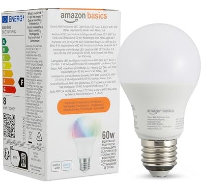 Amazon Basics Smart A60 Multicolor LED Light Bulb, E27 Base, 2.4GHz WiFi, 8W (60W Equivalent), Works with Alexa Only, 1pk
