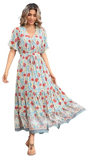 R.Vivimos Femmes D'été Cou en V Bouton à Manches Courtes Robe Bohème Fleur Longue Robe A Ligne Volants Longue Plage Robe(S,BeigeBlue)