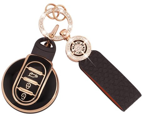 Koaudb Housse de clé de voiture pour BMW Mini Cooper F54 Clubman F55 F56 F57 F60 Countryman Housse de clé intelligente à 3 boutons en TPU souple avec porte-clés en cuir noir et or (C-BP-Mn)