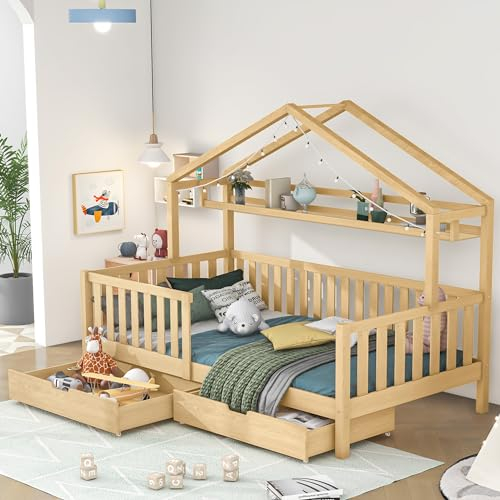 BTM Kinderbett 200x90, Jugendbett mit Schubladen und Lattenrost, Hausbett 90x200 für Jungen und Mädchen mit Rausfallschutz und Aufbewahrungsregal, Kiefernholz, Natur
