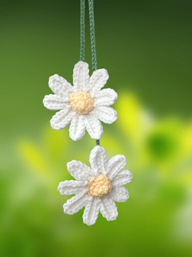 KIAYOO Autospiegel Anhänger Gestricktes Gänseblümchen, Auto Deko Süße Rückspiegel Hängedekoration, Auto Zubehör Innenraum Geburtstags Weihnachts Neujahr Geschenk für Mädchen Frauen Freunde