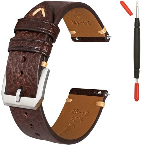 Gomvadr Quick Release Lederarmband, Öl Wachs Leder Uhrenarmbänder, Italienische Kalbsleder Uhrenarmbänder Ersatzband für Männer Frauen 16 18 19 20 21 22mm (20mm, Kaffee/Silberne Schnalle)