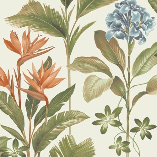 Oliana Floral Green Orange Wallpaper - Botanical Flowers Leaves Naturistic - Stylish Modern Feature Wall