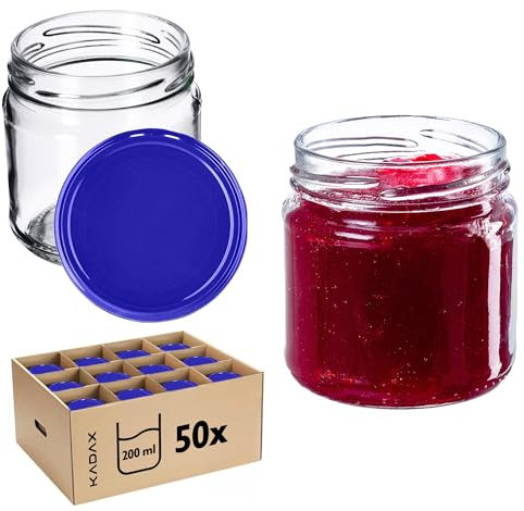 KADAX Lot de 50 petits pots de conserve, 200 ml, fi66 mm, mini pots à miel et épices, bocaux hermétiques, bocaux à conserves, bocaux à conserves, bocaux ronds (bleu)