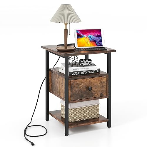 GIANTEX Nachttisch mit Ladestation, Nachtschrank mit 2 Steckdosen, Beistelltisch Sofatisch Kaffeetisch mit Schublade & offenen Ablagen, Nachtkommode Nachtkonsole 40 x 40 x 55 cm, Rustikal Braun