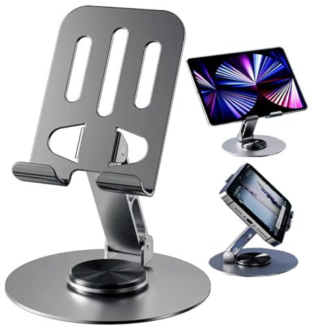 Genérico Soporte Ajustable para Móvil y Tablet, Base Giratoria 360°, Aluminio Gris, Soporte para Tablet y movil Plegable, Estable, antidelizante, portatil y Seguro.