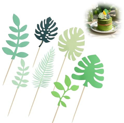 CXNXFD Tropische Blätter Kuchendekoration, 7 Stücke Grünes Blatt Torten deko, Dschungel Deko Geburtstag,Vaiana Tortendeko für Babyparty Familienessen Abschlussfeier, Grüne