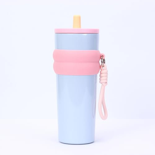 Bicchiere da viaggio in acciaio inox con interno in ceramica, cannuccia e custodia in silicone, 710 ml (blu)