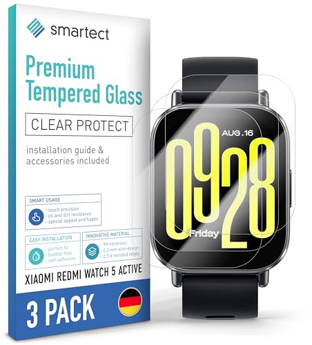 smartect Cristal Templado 3 Piezas para Xiaomi Redmi Watch 5 Active | Protector Pantalla HD Antiarañazos, Vidrio Templado 0.3 mm Ultra Transparente, Dureza 9H, Resistente a Impactos, Sin Burbujas