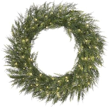 76cm Pre-Lit Cypress Fir Wreath – 140 PE Tips, 100 Warm White Micro LEDs, Battery Operated, Timer & 8 Function Controller