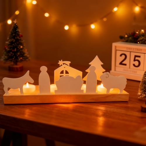 Weihnachtskrippe Komplettset – Holz und Metall Weihnachtsdeko Tisch Krippe mit Teelichthalter, Moderne Krippe Weihnachten Deko für Wohnzimmer, Fensterbank & Festliche Tischdeko