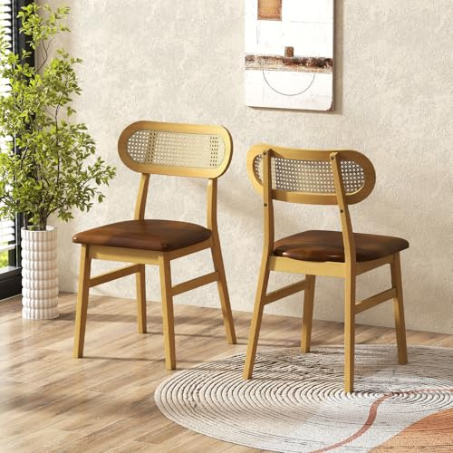 COSTWAY Chaise Salle a Manger Lot de 2, Chaise Salle a Manger Bois d'Hévéa, Dossier Rotin Cannage, Siège Rembourré en Similicuir, Chaise en Bois pour Salon, Cuisine (Brun)