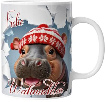 Tasse Frohe Weihnachten | Nilpferd | Personalisiert mit Namen – lustige Tiere, Geschenkidee für Männer, Frauen, Kinder, Mädchen, Jungen, 3D Illusion Wintermotiv Schnee Cartoon