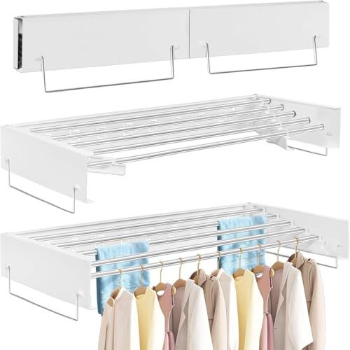 FREEAMG Wäscheständer Wandmontage, 80CM Klappbarer Wandtrockner, Weiß | Wäscheständer mit Sechs Edelstahl-Kleiderstangen, Klappbarer Wäscheständer Wand, Wäschetrockner Wand für Drinnen und Draußen