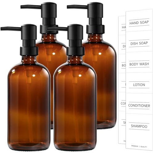 VIMERPA Hand Soap Dispenser,17 fl oz Brown Glass Soap Dispensers, Washing Up Liquid Dispenser, Amber Glass Soap Dispensers Bottle with Pump And Label (4Pack, Amber)