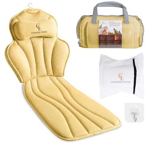 Cuscino Vasca da Bagno per Tutto il Corpo (152x56cm) – Cuscino Bagno con ventose e Poggiatesta (11cm); Supporta Collo, Schiena e Gambe – Incl. borse Lavaggio/Viaggio e Gancio Asciugatura – Sabbia