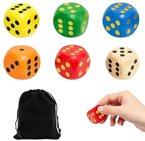 6 Pcs Large Dice Set, 6 Colors 30mm with Storage Pouch, Giant Wooden Dice Collection for Tabletop Gaming and Decorative Displays, Giant Dice Extra Large Wooden Dice for Family Games, School Games