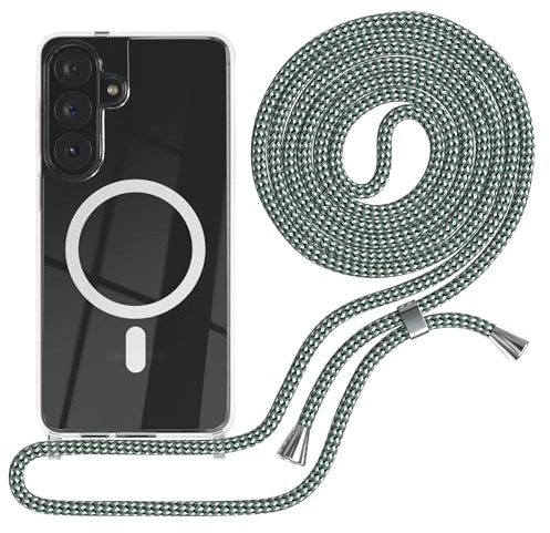 EAZY CASE - Handykette kompatibel mit Galaxy S26 Plus Kette zum Umhängen Stoßfest Handyhülle für Galaxy S26 Plus Silikon Hülle Band Handytasche als Fallschutz in Hell Grün Camouflage - Clips Silber