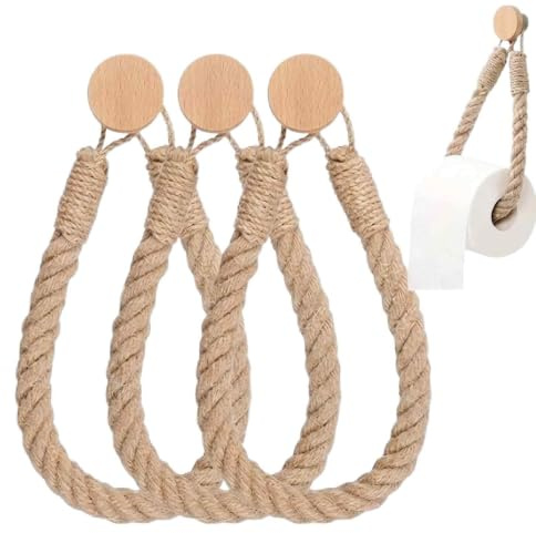 BODZWI 3er Set Toilettenpapierhalter ohne Bohren Vintage - Holz Handtuchhalter mit Hanfseil, Klopapierhalter Wandhaken für Badezimmer & Gäste-WC, Klorollenhalter Holz Deko
