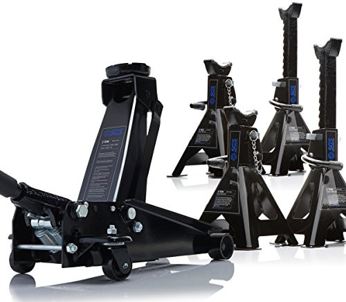 SGS 3 Tonne Trolley Jack w/ 4 x2T Ratchet Axle Stands Set, Twist-Grip Heavy Duty