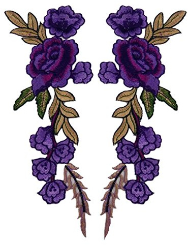 (Pack of 2) 7 Peony Flowers on Vine Embroidered Appliques Sew or Iron on Patches(Purple)