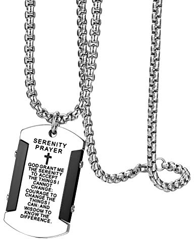 Flongo Herren-Kette Männer Anhänger Halskette Rosenkranz Kette Silber Schwarz mit Englisch Bibel Gravur Jesus Dog Tag Herrenketten Herren-Accessoires