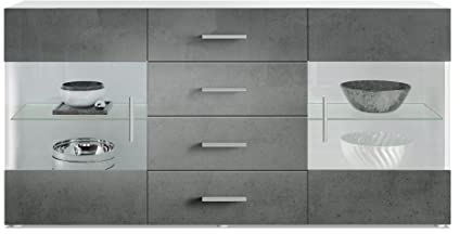 Vladon Sideboard Kommode Bari V1, Made in Germany, Korpus in Weiß matt/Front in Beton Dunkel Optik (139 x 72 x 35)