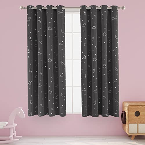 COTOP LORDTEX Verdunkelungsvorhänge mit Dinosaurier- und Sternen-Foliendruck, wärmeisolierte Vorhänge, geräuschreduzierend, Fenstervorhänge für Jungen- und Mädchenzimmer, 132 x 160 cm, Grau, 2 Paneele