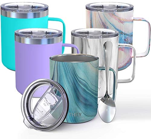 THILY Vacuum Insulated Travel Coffee Mug 350 ml Stainless Steel Coffee Cup with Handle, Spill-Proof Lid, Keep Coffee Cold or Hot, Blue Swirl