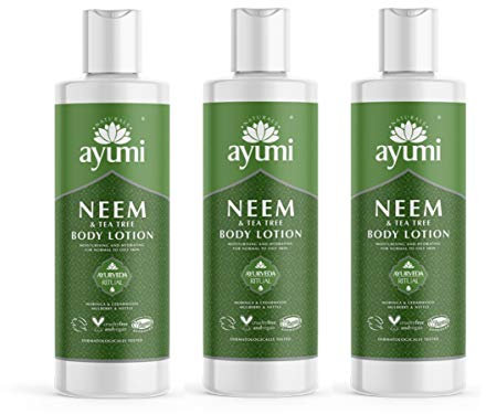Ayumi Neem & Tea Tree Body Lotion | Oil Control Moisturiser for Oily Skin | Acne Cream with Witch Hazel | Nettle Leaf Hand Cream to Soothe Irritation | Body Moisturiser for Men & Women | 3 x 250ml