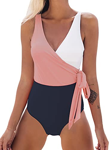 CUPSHE Femme Maillot de Bain Col V Style Cache-cœur Color Block Élégant Maillot de Bain 1 Pièce Bleu Marine/Rose M