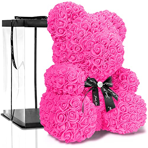 ROSEBEAR Blumenbär mit Geschenkbox - Rose Bear aus ewigen Rosen in voller Farbe - Geschenk für Ihn & Sie zum Jahrestag Geburtstag Muttertag Hochzeitstag (40 cm Pink mit Schleife)
