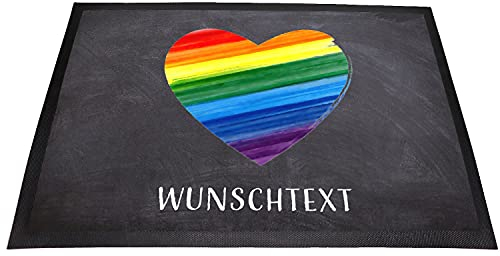 Personalisierte Regenbogen Fußmatte mit Wunschname/Wunschtext | Waschbar | rutschfest | Innen & Außen | (Regenbogen Herz)