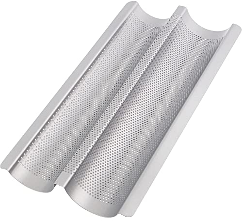 GOURMEO Anti-adhésif Moule à Baguette pour Four en argenté- 38,5 x 20,5 x 3,5 cm - Plaque a Pain Perforé pour Cuisson de 2 Baguettes - Facile à Utiliser et à Nettoyer - Couleur Argent
