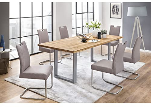expendio Tischgruppe Massivholztisch Quinn 180x90 cm Eiche rustikal Silber + Stühle Kato Bezug Webstoff Taupe Varianten, Anzahl Stühle:mit 6 Stühlen