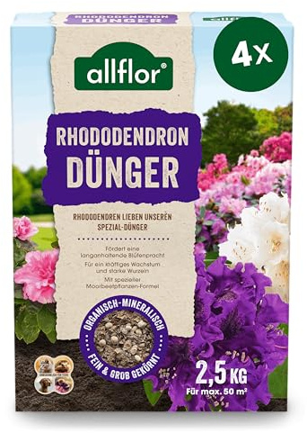 Allflor Rhododendrondünger I 4 x 2,5 Kg I Organisch-Mineralische Nährstoffkombination für Moorbeetpflanzen I Rhododendron Dünger in der Faltschachtel I Magnesium-betontes Düngemittel