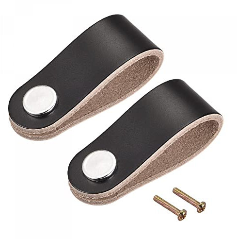 sourcing map Leather Drawer Pulls, 2.56 2Pcs Surface Leather Furniture Handles, Door Handle Strap Suitcase Dresser Drawer Knobs Pull Replacement with Screws, Black