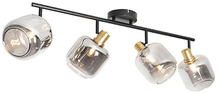 QAZQA - Modern DeckenSpot I Spotlight I Deckenspot I Deckenstrahler I Strahler I Lampe I Leuchte Schwarz mit Gold I Messing mit Rauchglas 4-flammig Spotbalken-flammig - Zuzanna I Wohnzimmer I Schlafzi