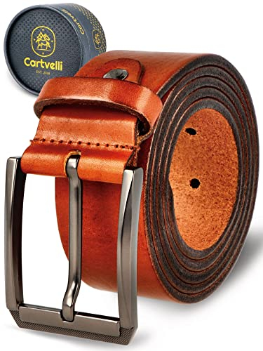 Cartvelli Premium Ledergürtel Herren Braun Cognac 125cm Made in Germany mit Geschenkbox Echt-Leder Herrengürtel Vollleder Jeansgürtel Leder Gürtel 38mm Anzug jeans chino pants LordM22b-125