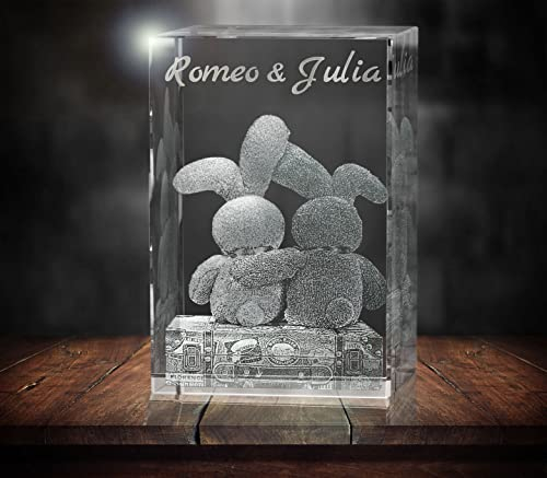 3D Kristallglas | Motiv: Hasen - Liebe | 80mm | graviert mit Namen