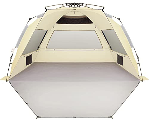 Oileus XXL Pop-Up Strandmuschel für 5-6 Personen - Instant Zelt Strand mit Tragetasche Heringe 6 Sandtaschen UV für Angeln Wandern Camping Khaki