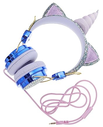 Hemobllo Boy Girl Headphones Cartoon Unicorn Design Headset Blue for Boys and Girls Microphone Headphone