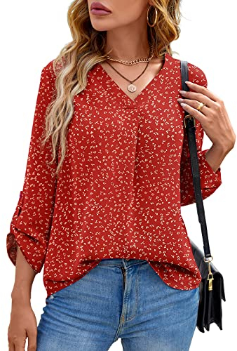 Yommay Blouses for Women Elegant Chiffon Blouses Tops Lovely Comfortable Long Sleeve Tops V Neck Business Work Shirts,Flower Wine Red,XL