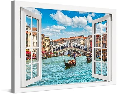 PICANOVA – Leinwandbild 120x80cm Rialtobrücke Venedig Fenster – Leinwanddruck – Wandbild Kunstdruck Auf 2cm Holz-Keilrahmen Für Schlaf- Und Wohnzimmer Wanddekoration – Bild auf Leinwand