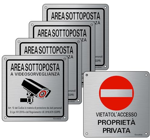 4 Cartello Area Videosorvegliata +1 Cartello Proprietà Privata Videosorveglianza Alluminio Cartelli per Esterno 15x15cm Telecamera Sorveglianza Piccolo Tabella Adesivi a Norma Gdpr Riflettente Rigido